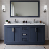 Wyndham WCF292966DBNCMUNSM58 Miranda 66 Inch Double Bathroom Vanity in Dark Blue, White Carrara Marble Countertop, Undermount Square Sinks, Brushed Nickel Trim, 58 Inch Mirror