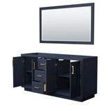 Wyndham WCF292966DBLCXSXXM58 Miranda 66 Inch Double Bathroom Vanity in Dark Blue, No Countertop, No Sink, Brushed Gold Trim, 58 Inch Mirror