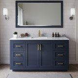Wyndham WCF292966SBLCMUNSM58 Miranda 66 Inch Single Bathroom Vanity in Dark Blue, White Carrara Marble Countertop, Undermount Square Sink, Brushed Gold Trim, 58 Inch Mirror