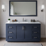 Wyndham WCF292966SBNCMUNSM58 Miranda 66 Inch Single Bathroom Vanity in Dark Blue, White Carrara Marble Countertop, Undermount Square Sink, Brushed Nickel Trim, 58 Inch Mirror