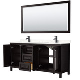 Wyndham WCV252572DEBC2UNSM70 Daria 72 Inch Double Bathroom Vanity in Dark Espresso, Carrara Cultured Marble Countertop, Undermount Square Sinks, Matte Black Trim, 70 Inch Mirror