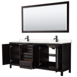 Wyndham WCV252580DEBC2UNSM70 Daria 80 Inch Double Bathroom Vanity in Dark Espresso, Carrara Cultured Marble Countertop, Undermount Square Sinks, Matte Black Trim, 70 Inch Mirror