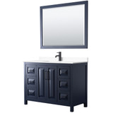 Wyndham WCV252548SBBWCUNSM46 Daria 48 Inch Single Bathroom Vanity in Dark Blue, White Cultured Marble Countertop, Undermount Square Sink, Matte Black Trim, 46 Inch Mirror