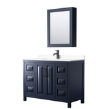 Wyndham WCV252548SBBWCUNSMED Daria 48 Inch Single Bathroom Vanity in Dark Blue, White Cultured Marble Countertop, Undermount Square Sink, Matte Black Trim, Medicine Cabinet
