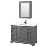 Wyndham WCS202048SGBWCUNSMED Deborah 48 Inch Single Bathroom Vanity in Dark Gray, White Cultured Marble Countertop, Undermount Square Sink, Matte Black Trim, Medicine Cabinet