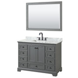 Wyndham WCS202048SGBCMUNSM46 Deborah 48 Inch Single Bathroom Vanity in Dark Gray, White Carrara Marble Countertop, Undermount Square Sink, Matte Black Trim, 46 Inch Mirror