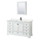 Wyndham WCS202060SWBC2UNSMED Deborah 60 Inch Single Bathroom Vanity in White, Carrara Cultured Marble Countertop, Undermount Square Sink, Matte Black Trim, Medicine Cabinet