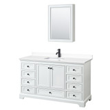 Wyndham WCS202060SWBWCUNSMED Deborah 60 Inch Single Bathroom Vanity in White, White Cultured Marble Countertop, Undermount Square Sink, Matte Black Trim, Medicine Cabinet