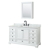 Wyndham WCS202060SWBCMUNSMED Deborah 60 Inch Single Bathroom Vanity in White, White Carrara Marble Countertop, Undermount Square Sink, Matte Black Trim, Medicine Cabinet