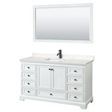 Wyndham WCS202060SWBC2UNSM58 Deborah 60 Inch Single Bathroom Vanity in White, Carrara Cultured Marble Countertop, Undermount Square Sink, Matte Black Trim, 58 Inch Mirror