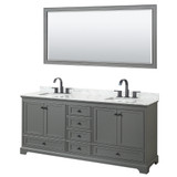 Wyndham WCS202080DGBCMUNSM70 Deborah 80 Inch Double Bathroom Vanity in Dark Gray, White Carrara Marble Countertop, Undermount Square Sinks, Matte Black Trim, 70 Inch Mirror