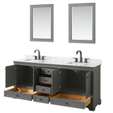 Wyndham WCS202080DGBCMUNSM24 Deborah 80 Inch Double Bathroom Vanity in Dark Gray, White Carrara Marble Countertop, Undermount Square Sinks, Matte Black Trim, 24 Inch Mirrors