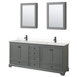 Wyndham WCS202080DGBC2UNSMED Deborah 80 Inch Double Bathroom Vanity in Dark Gray, Carrara Cultured Marble Countertop, Undermount Square Sinks, Matte Black Trim, Medicine Cabinets
