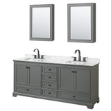 Wyndham WCS202080DGBCMUNSMED Deborah 80 Inch Double Bathroom Vanity in Dark Gray, White Carrara Marble Countertop, Undermount Square Sinks, Matte Black Trim, Medicine Cabinets