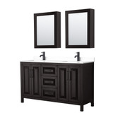 Wyndham WCV252560DEBWCUNSMED Daria 60 Inch Double Bathroom Vanity in Dark Espresso, White Cultured Marble Countertop, Undermount Square Sinks, Matte Black Trim, Medicine Cabinets