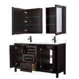 Wyndham WCV252560DEBWCUNSMED Daria 60 Inch Double Bathroom Vanity in Dark Espresso, White Cultured Marble Countertop, Undermount Square Sinks, Matte Black Trim, Medicine Cabinets