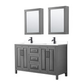 Wyndham WCV252560DGBWCUNSMED Daria 60 Inch Double Bathroom Vanity in Dark Gray, White Cultured Marble Countertop, Undermount Square Sinks, Matte Black Trim, Medicine Cabinets