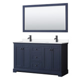 Wyndham WCV232360DBBWCUNSM58 Avery 60 Inch Double Bathroom Vanity in Dark Blue, White Cultured Marble Countertop, Undermount Square Sinks, Matte Black Trim, 58 Inch Mirror Wyndham WCV232360DBBWCUNSM58 Avery 60 Inch Double Bathroom Vanity in Dark Blue, White Cultured Marble Countertop, Undermount Square Sinks, Matte Black Trim, 58 Inch Mirror