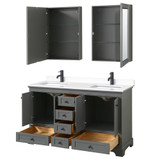 Wyndham WCS202060DGBWCUNSMED Deborah 60 Inch Double Bathroom Vanity in Dark Gray, White Cultured Marble Countertop, Undermount Square Sinks, Matte Black Trim, Medicine Cabinets