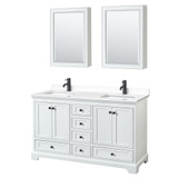 Wyndham WCS202060DWBWCUNSMED Deborah 60 Inch Double Bathroom Vanity in White, White Cultured Marble Countertop, Undermount Square Sinks, Matte Black Trim, Medicine Cabinets