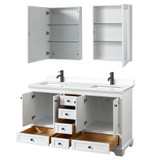 Wyndham WCS202060DWBWCUNSMED Deborah 60 Inch Double Bathroom Vanity in White, White Cultured Marble Countertop, Undermount Square Sinks, Matte Black Trim, Medicine Cabinets