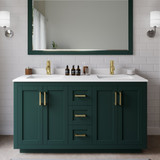 Wyndham WCF292960DGDWCUNSM58 Miranda 60 Inch Double Bathroom Vanity in Green, White Cultured Marble Countertop, Undermount Square Sinks, Brushed Gold Trim, 58 Inch Mirror
