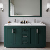 Wyndham WCF292960DGEWCUNSM58 Miranda 60 Inch Double Bathroom Vanity in Green, White Cultured Marble Countertop, Undermount Square Sinks, Brushed Nickel Trim, 58 Inch Mirror