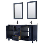 Wyndham WCV252560DBBWCUNSM24 Daria 60 Inch Double Bathroom Vanity in Dark Blue, White Cultured Marble Countertop, Undermount Square Sinks, Matte Black Trim, 24 Inch Mirrors