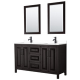 Wyndham WCV252560DEBWCUNSM24 Daria 60 Inch Double Bathroom Vanity in Dark Espresso, White Cultured Marble Countertop, Undermount Square Sinks, Matte Black Trim, 24 Inch Mirrors