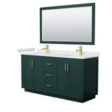Wyndham WCF292966DGDWCUNSM58 Miranda 66 Inch Double Bathroom Vanity in Green, White Cultured Marble Countertop, Undermount Square Sinks, Brushed Gold Trim, 58 Inch Mirror