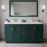 Wyndham WCF292966DGDWCUNSM58 Miranda 66 Inch Double Bathroom Vanity in Green, White Cultured Marble Countertop, Undermount Square Sinks, Brushed Gold Trim, 58 Inch Mirror