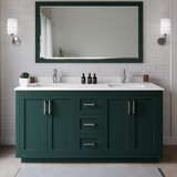 Wyndham WCF292966DGEWCUNSM58 Miranda 66 Inch Double Bathroom Vanity in Green, White Cultured Marble Countertop, Undermount Square Sinks, Brushed Nickel Trim, 58 Inch Mirror