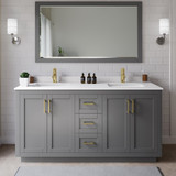 Wyndham WCF292966DGGWCUNSM58 Miranda 66 Inch Double Bathroom Vanity in Dark Gray, White Cultured Marble Countertop, Undermount Square Sinks, Brushed Gold Trim, 58 Inch Mirror