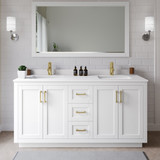 Wyndham WCF292966DWGWCUNSM58 Miranda 66 Inch Double Bathroom Vanity in White, White Cultured Marble Countertop, Undermount Square Sinks, Brushed Gold Trim, 58 Inch Mirror