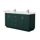 Wyndham WCF292966DGEWCUNSMXX Miranda 66 Inch Double Bathroom Vanity in Green, White Cultured Marble Countertop, Undermount Square Sinks, Brushed Nickel Trim