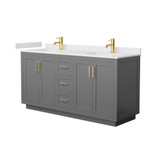 Wyndham WCF292966DGGWCUNSMXX Miranda 66 Inch Double Bathroom Vanity in Dark Gray, White Cultured Marble Countertop, Undermount Square Sinks, Brushed Gold Trim