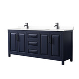Wyndham WCV252580DBBWCUNSMXX Daria 80 Inch Double Bathroom Vanity in Dark Blue, White Cultured Marble Countertop, Undermount Square Sinks, Matte Black Trim