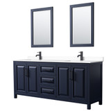 Wyndham WCV252580DBBWCUNSM24 Daria 80 Inch Double Bathroom Vanity in Dark Blue, White Cultured Marble Countertop, Undermount Square Sinks, Matte Black Trim, 24 Inch Mirrors