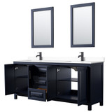 Wyndham WCV252580DBBWCUNSM24 Daria 80 Inch Double Bathroom Vanity in Dark Blue, White Cultured Marble Countertop, Undermount Square Sinks, Matte Black Trim, 24 Inch Mirrors