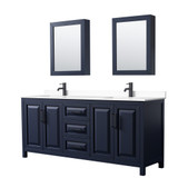 Wyndham WCV252580DBBWCUNSMED Daria 80 Inch Double Bathroom Vanity in Dark Blue, White Cultured Marble Countertop, Undermount Square Sinks, Matte Black Trim, Medicine Cabinets