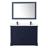 Wyndham WCV232348DBBWCUNSM46 Avery 48 Inch Double Bathroom Vanity in Dark Blue, White Cultured Marble Countertop, Undermount Square Sinks, Matte Black Trim, 46 Inch Mirror