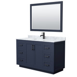 Wyndham WCF292954SBBCMUNSM46 Miranda 54 Inch Single Bathroom Vanity in Dark Blue, White Carrara Marble Countertop, Undermount Square Sink, Matte Black Trim, 46 Inch Mirror