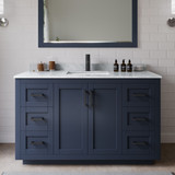 Wyndham WCF292954SBBCMUNSM46 Miranda 54 Inch Single Bathroom Vanity in Dark Blue, White Carrara Marble Countertop, Undermount Square Sink, Matte Black Trim, 46 Inch Mirror