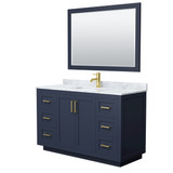 Wyndham WCF292954SBLCMUNSM46 Miranda 54 Inch Single Bathroom Vanity in Dark Blue, White Carrara Marble Countertop, Undermount Square Sink, Brushed Gold Trim, 46 Inch Mirror