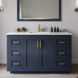 Wyndham WCF292954SBLCMUNSM46 Miranda 54 Inch Single Bathroom Vanity in Dark Blue, White Carrara Marble Countertop, Undermount Square Sink, Brushed Gold Trim, 46 Inch Mirror