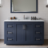 Wyndham WCF292954SBNCMUNSMXX Miranda 54 Inch Single Bathroom Vanity in Dark Blue, White Carrara Marble Countertop, Undermount Square Sink, Brushed Nickel Trim