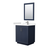 Wyndham WCF111130SBNC2UNSM24 Icon 30 Inch Single Bathroom Vanity in Dark Blue, Carrara Cultured Marble Countertop, Undermount Square Sink, Brushed Nickel Trim, 24 Inch Mirror