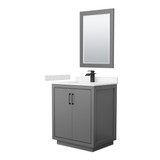 Wyndham WCF111130SGBC2UNSM24 Icon 30 Inch Single Bathroom Vanity in Dark Gray, Carrara Cultured Marble Countertop, Undermount Square Sink, Matte Black Trim, 24 Inch Mirror
