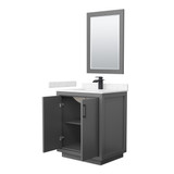 Wyndham WCF111130SGBC2UNSM24 Icon 30 Inch Single Bathroom Vanity in Dark Gray, Carrara Cultured Marble Countertop, Undermount Square Sink, Matte Black Trim, 24 Inch Mirror
