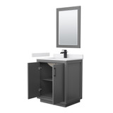 Wyndham WCF111130SGBWCUNSM24 Icon 30 Inch Single Bathroom Vanity in Dark Gray, White Cultured Marble Countertop, Undermount Square Sink, Matte Black Trim, 24 Inch Mirror